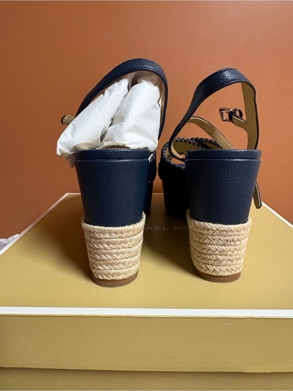 Michael Kors Navy Leather Platform Wedge Sandals with MK Medallion - Picture 3 of 10